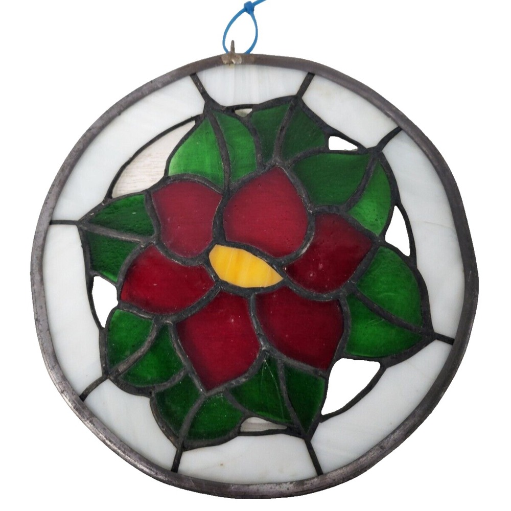 Vintage Stained Glass Poinsettia Suncatcher Round Window Hanging Christmas